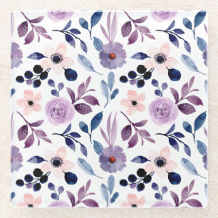Delicate Floral Design with Navy Lavender Leaves Glass Coaster