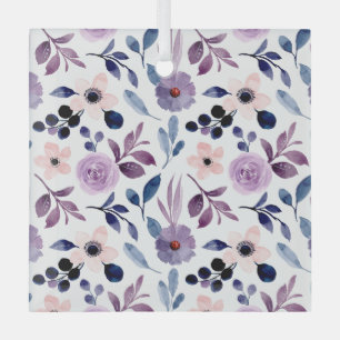 Delicate Floral Design with Navy Lavender Leaves Glass Tree Decoration