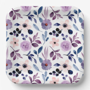 Delicate Floral Design with Navy Lavender Leaves Paper Plate