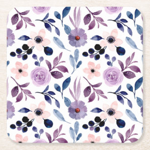 Delicate Floral Design with Navy Lavender Leaves Square Paper Coaster