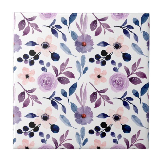  Delicate Floral Design with Navy Lavender Leaves Tile (Front)