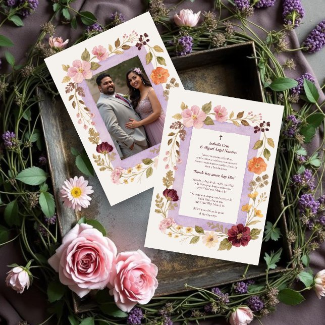 Delicate Floral Frame Christian Catholic Wedding Invitation (Delicate Floral Frame Christian Catholic Wedding Invitation Cards in Spanish with Back Photo. )