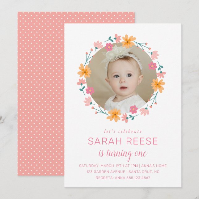 Delicate Floral Frame Photo Kids Birthday Invitation (Front/Back)