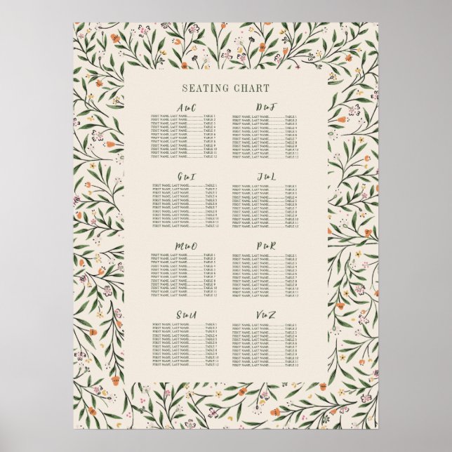 Delicate Floral Frame Seating Chart by Last Name (Front)