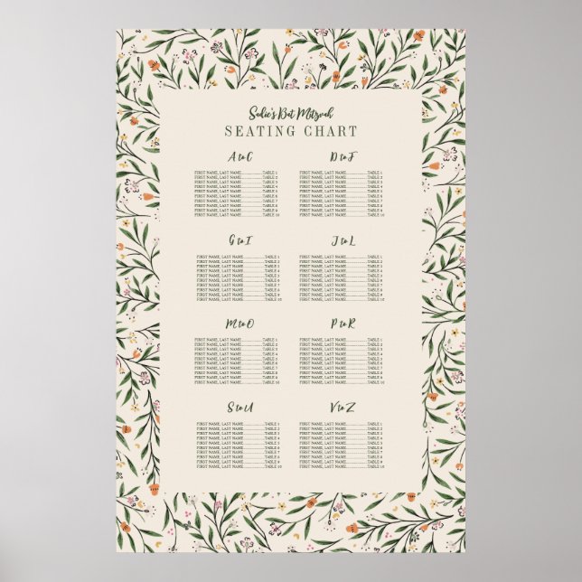 Delicate Floral Frame Seating Chart by Last Name (Front)