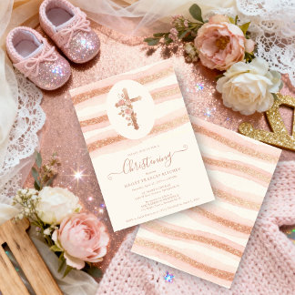 Delicate Floral Glitter Cross Romantic Rose Gold Invitation