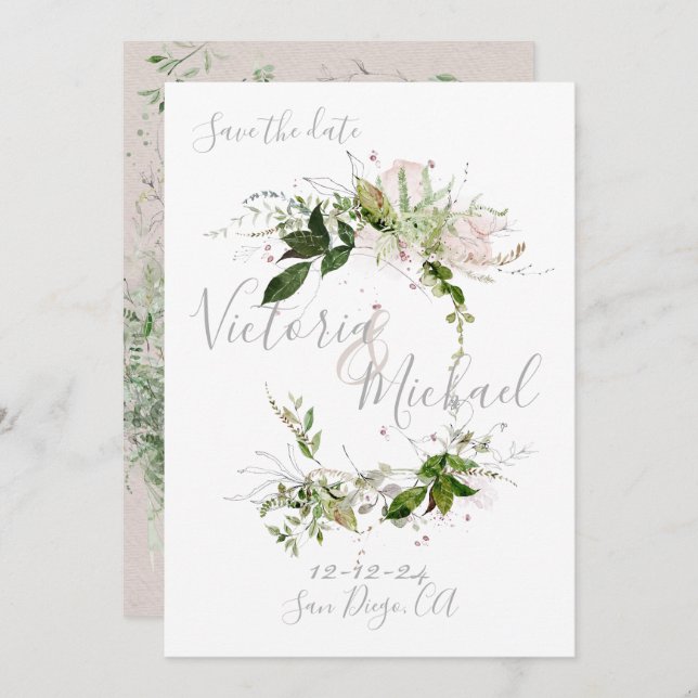 Delicate floral Greenery Save the Date Invitation (Front/Back)