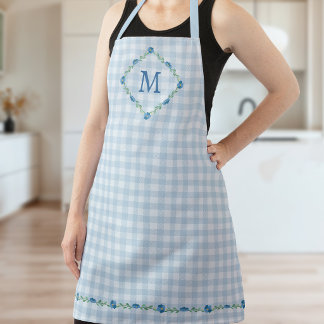 Delicate Floral Monogram Blue Gingham Cottagecore Apron