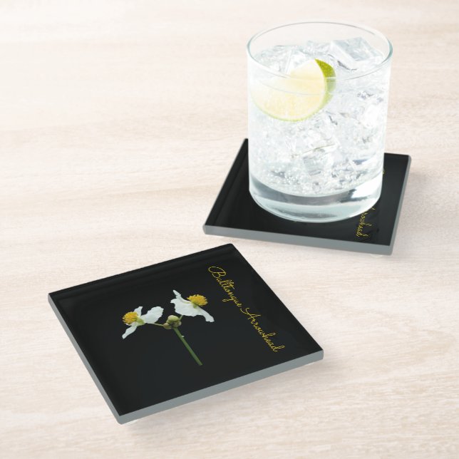 Delicate floral on black ceramic tile glass coaster (Angled)