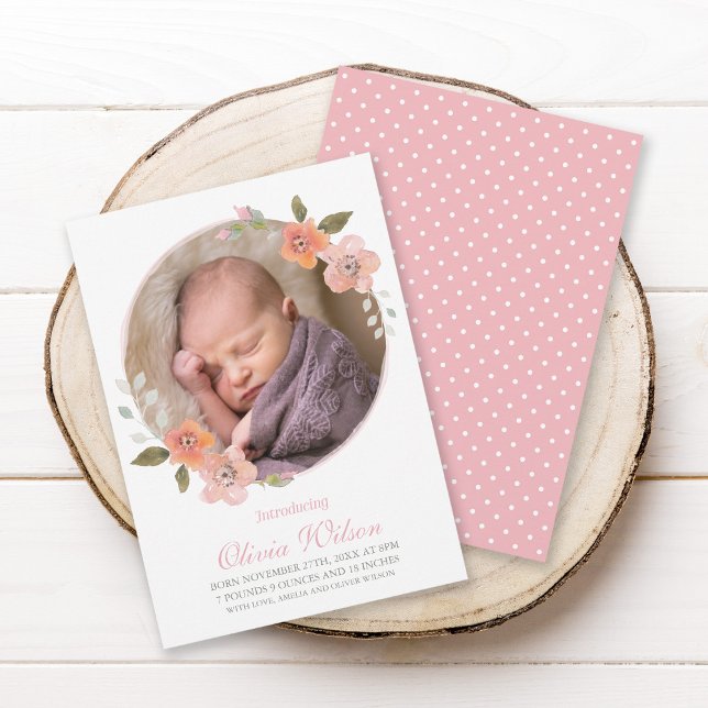 Delicate Floral Pink Baby Announcement Photo (Creator Uploaded)