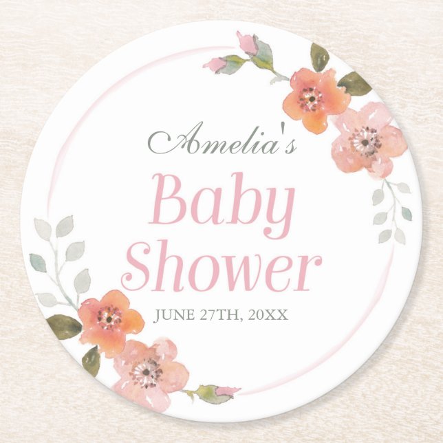 Delicate Floral Pink Girl Baby Shower Round Paper Coaster (Front)