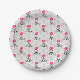 Delicate Floral Red Flower Pattern Paper Plate