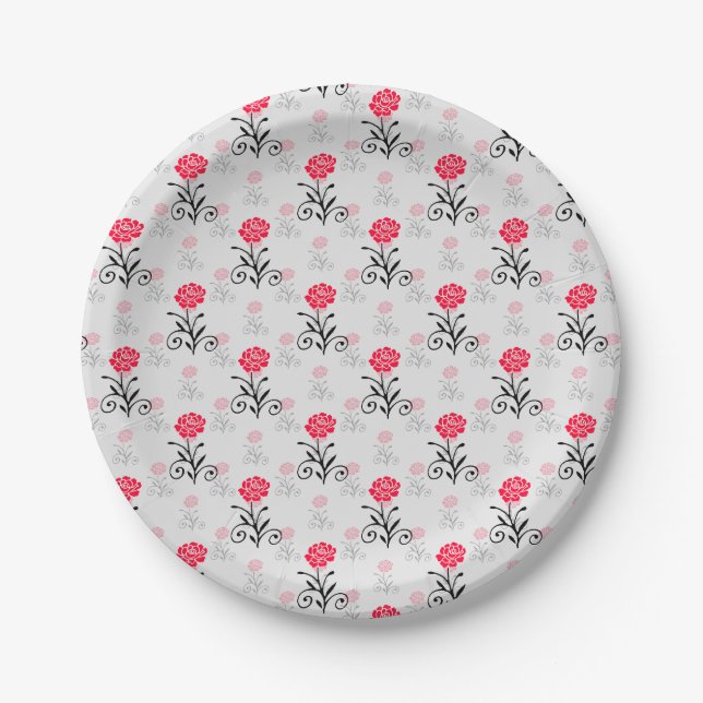 Delicate Floral Red Flower Pattern Paper Plate (Front)