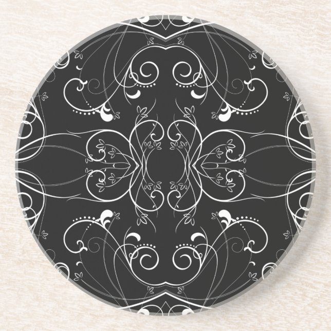 Delicate Floral Repeating Pattern in White on Blac Coaster (Front)