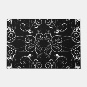 Delicate Floral Repeating Pattern in White on Blac Doormat