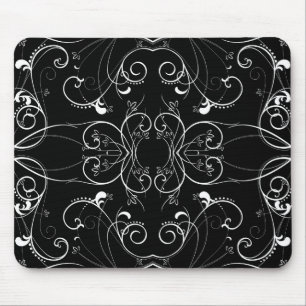 Delicate Floral Repeating Pattern in White on Blac Mouse Mat