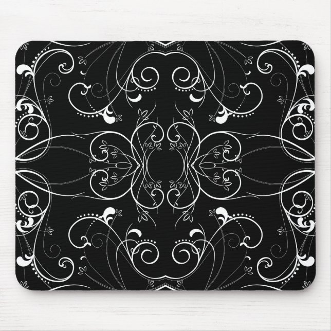 Delicate Floral Repeating Pattern in White on Blac Mouse Mat (Front)