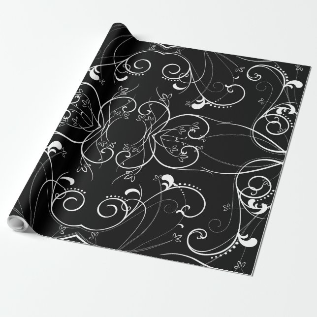 Delicate Floral Repeating Pattern in White on Blac Wrapping Paper (Unrolled)