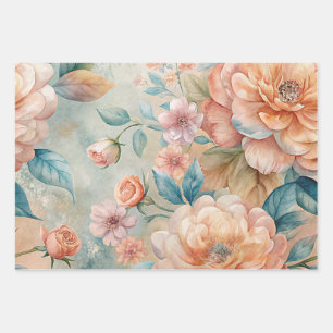 Delicate Floral Vintage Inspired Pastel Watercolor Wrapping Paper Sheet