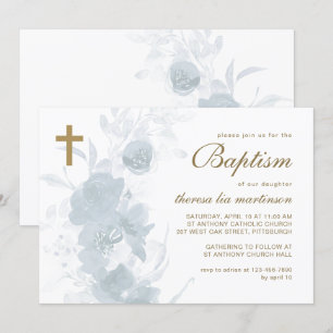 Delicate Floral with Cross Baptism Invitation