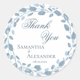 Delicate Floral Wreath Blue Wedding Thank You Classic Round Sticker