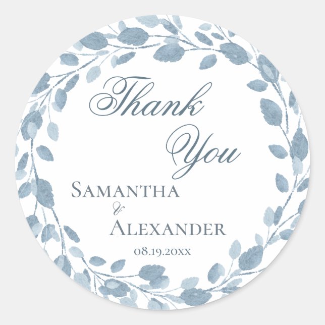 Delicate Floral Wreath Blue Wedding Thank You Classic Round Sticker (Front)