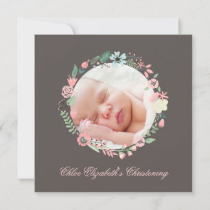 Delicate Floral Wreath Christening Invitation