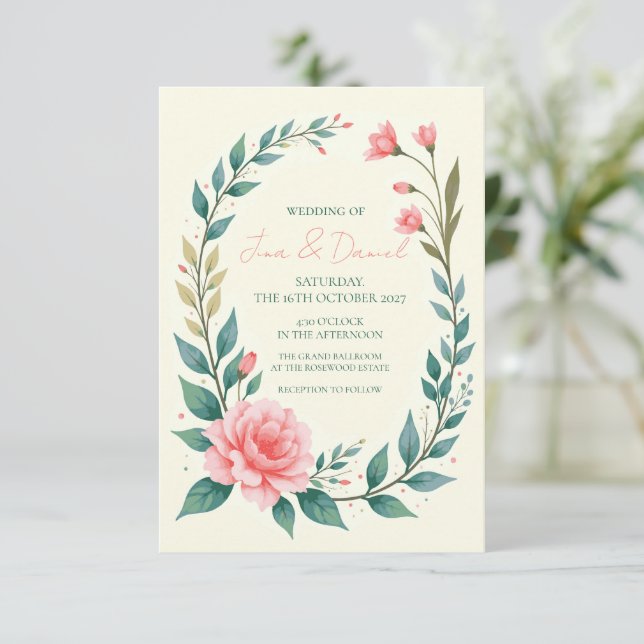 Delicate Floral Wreath Invitation (Standing Front)