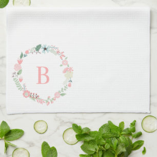 Delicate Floral Wreath Monogram Tea Towel
