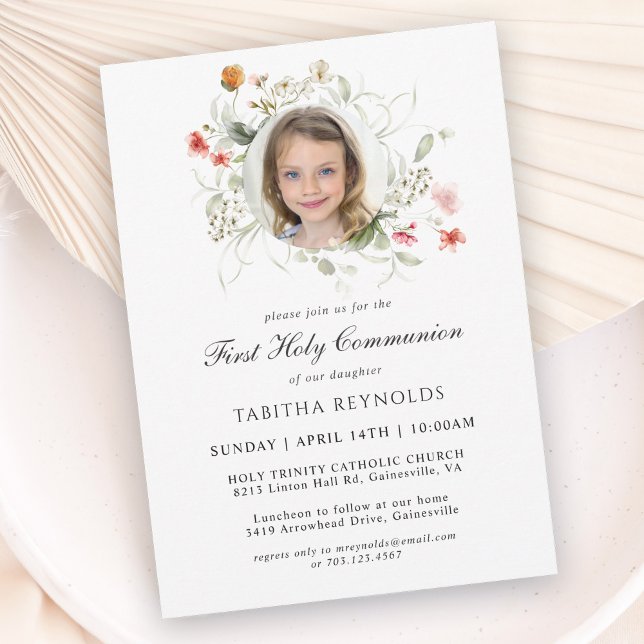 Delicate Floral Wreath Photo First Holy Communion Invitation (Creator Uploaded)