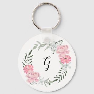 Delicate floral wreath, pink peonies key ring