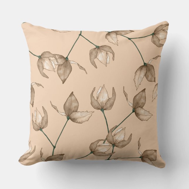 Delicate florals in mocha on peach background cushion (Front)