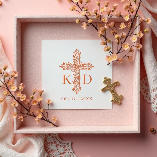 Delicate Flourish Christian Cross Wedding Initials Rubber Stamp (Delicate Flourish Christian Cross for Wedding with Initials Rubber Stamps.)