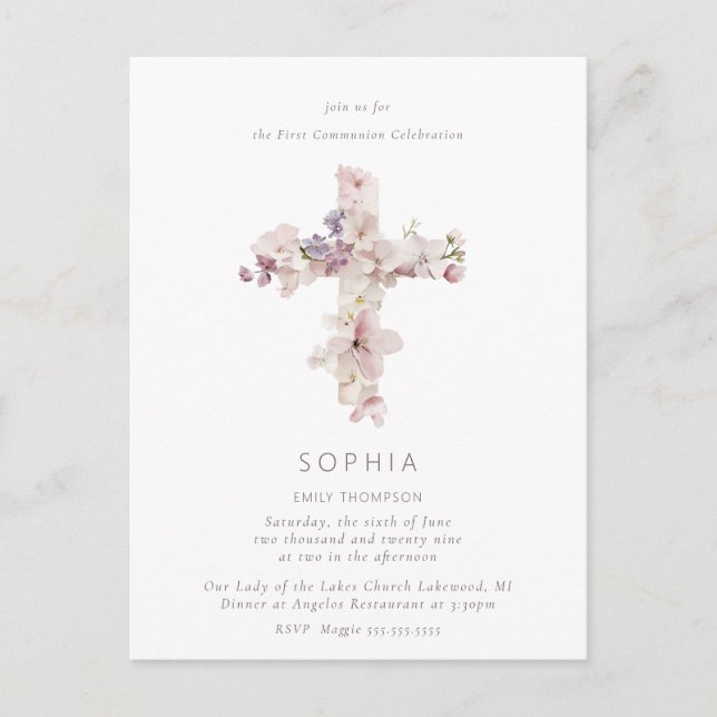 Delicate Flower Cross the Baptism Christening Postcard (Front)