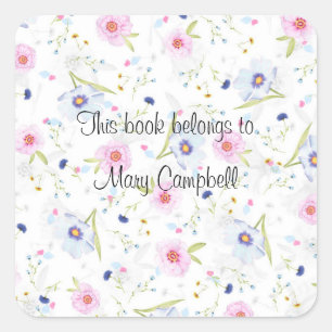 Delicate flower design on bookplate. Editable. Square Sticker