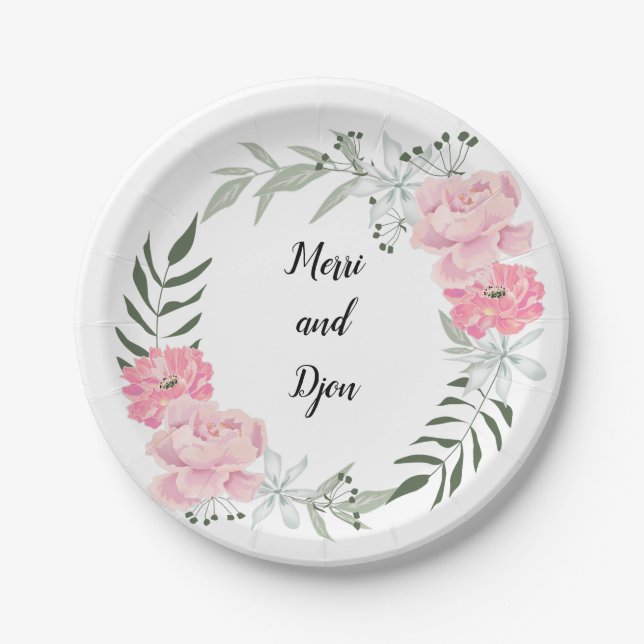 Delicate flower wreath, pink peonies paper plate (Front)