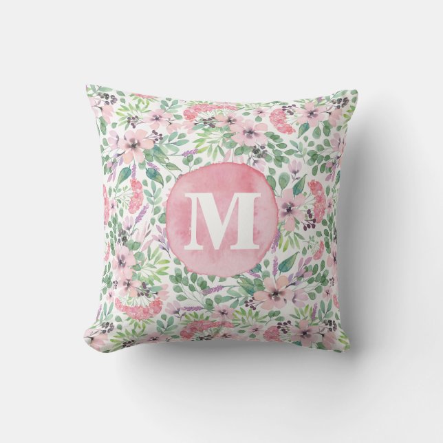Delicate Flowers Lilac pink blush green monogram Cushion (Front)