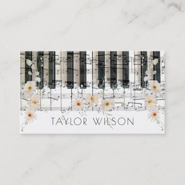 delicate flowers pianist music teacher business card (Front)