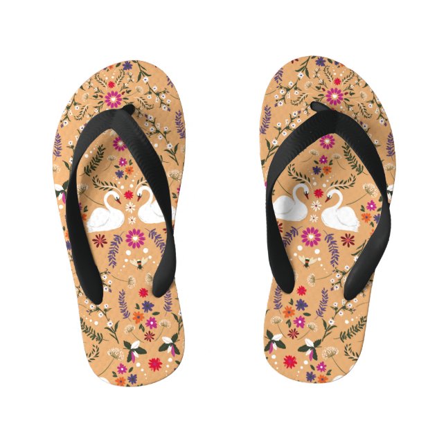 Delicate flowers, swan fantasy seamless pattern. kid's flip flops (Footbed)