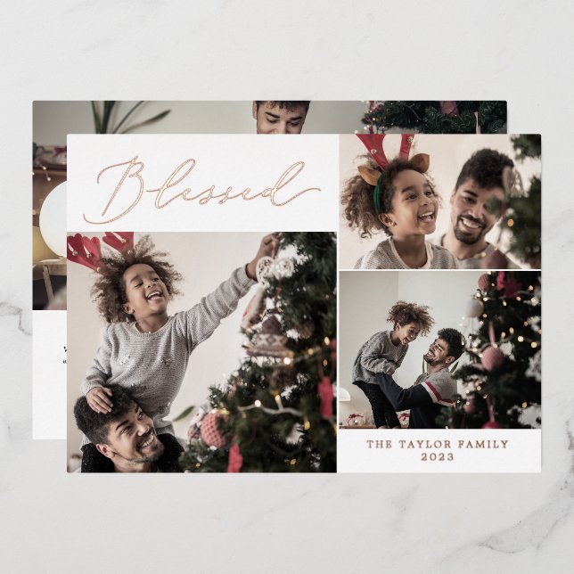 Delicate Foil Blessed 4 Photo Newsletter Holiday Card (Front/Back)