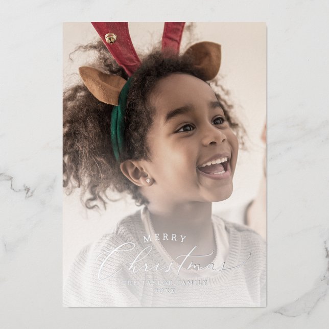 Delicate Foil Merry Christmas Photo Year In Review Foil Holiday Card (Front)