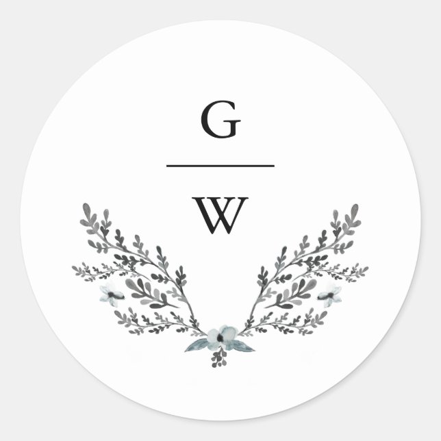 Delicate Foliage and Monogram Wedding Classic Round Sticker (Front)