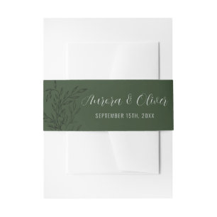 Delicate Foliage Deep Sage Green Names Wedding Invitation Belly Band