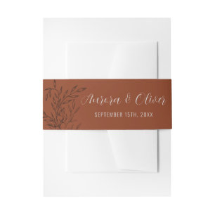 Delicate Foliage Rust Orange Names Wedding Invitation Belly Band