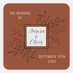 Delicate Foliage Rust Orange Wedding Invite Square Sticker