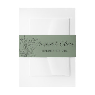 Delicate Foliage Sage Green Names Wedding Invitation Belly Band