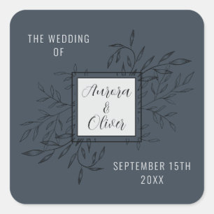 Delicate Foliage Steel Blue Wedding Invite Square Sticker