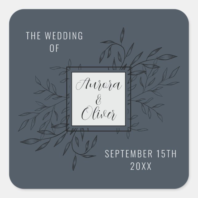 Delicate Foliage | Steel Blue | Wedding Invite Square Sticker (Front)