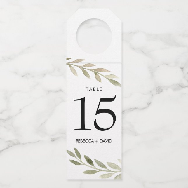 Delicate Foliage Wedding Table Number Bottle Tag (Front)