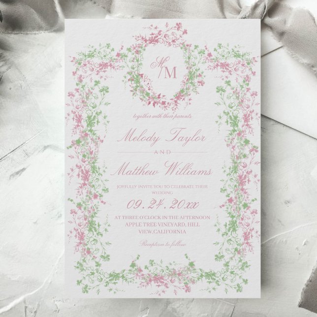 Delicate French Flora Crest Wedding Invitation (Creator Uploaded)
